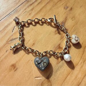 Coach Gold Charm Bracelet with Heart and Pearl Accents